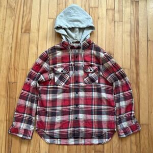 Denim Supply Ralph Lauren Mens Large Plaid Flannel Hooded Shirt Jacket Red Gray
